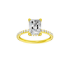 Radiant-cut diamond engagement ring with a prong-set diamond band and hidden-halo setting.