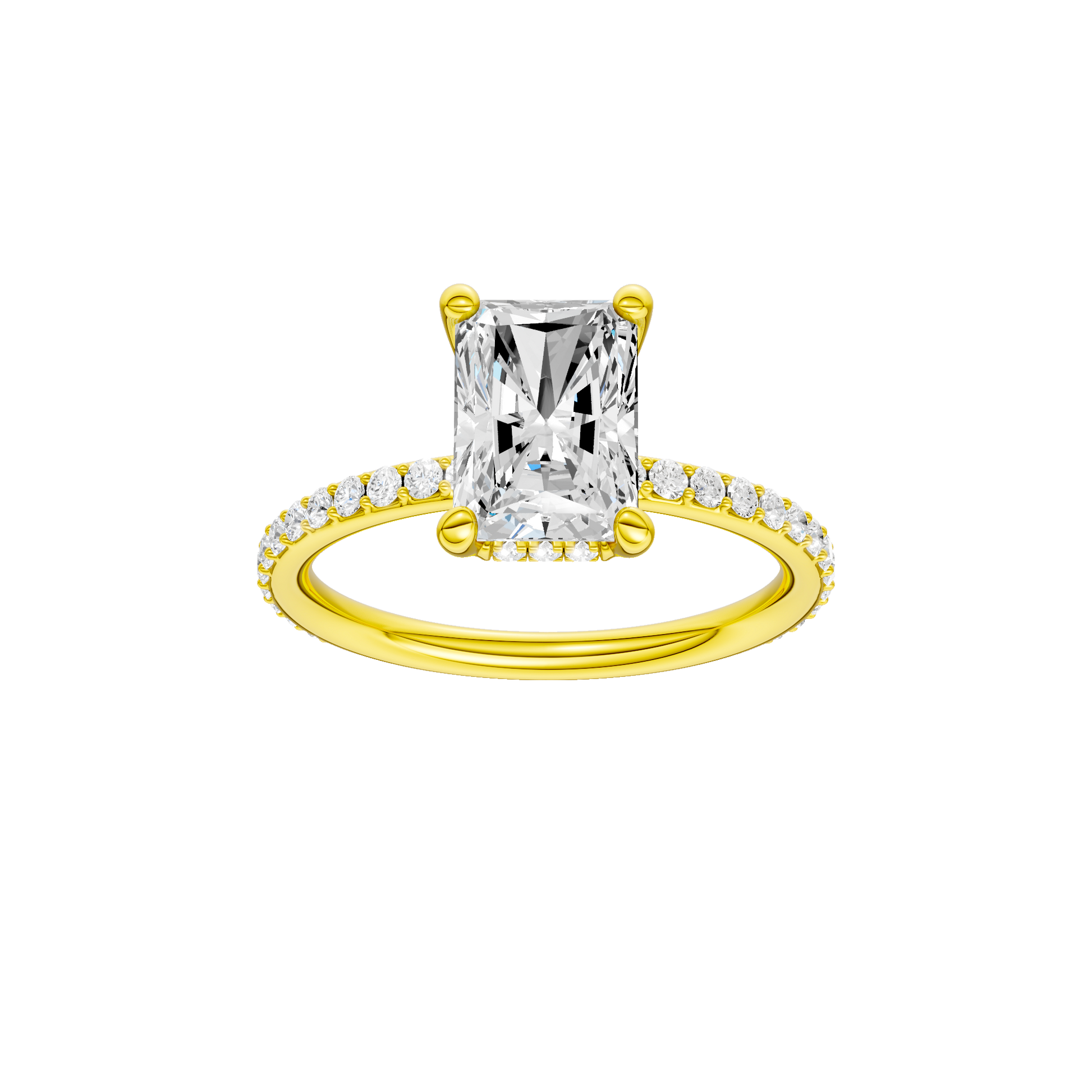 Radiant-cut diamond engagement ring with a prong-set diamond band and hidden-halo setting.