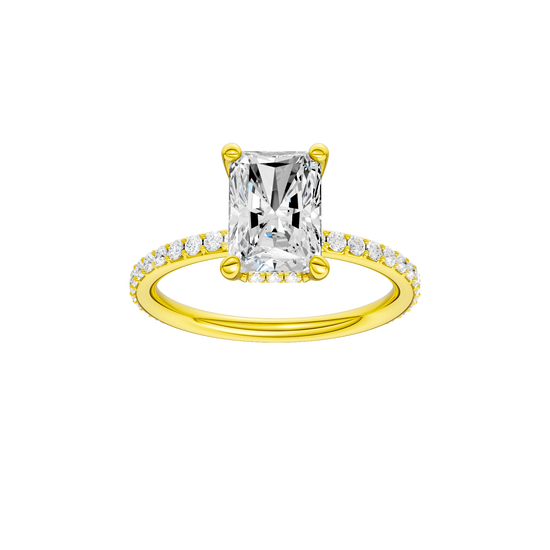 Radiant-cut diamond engagement ring with a prong-set diamond band and hidden-halo setting.