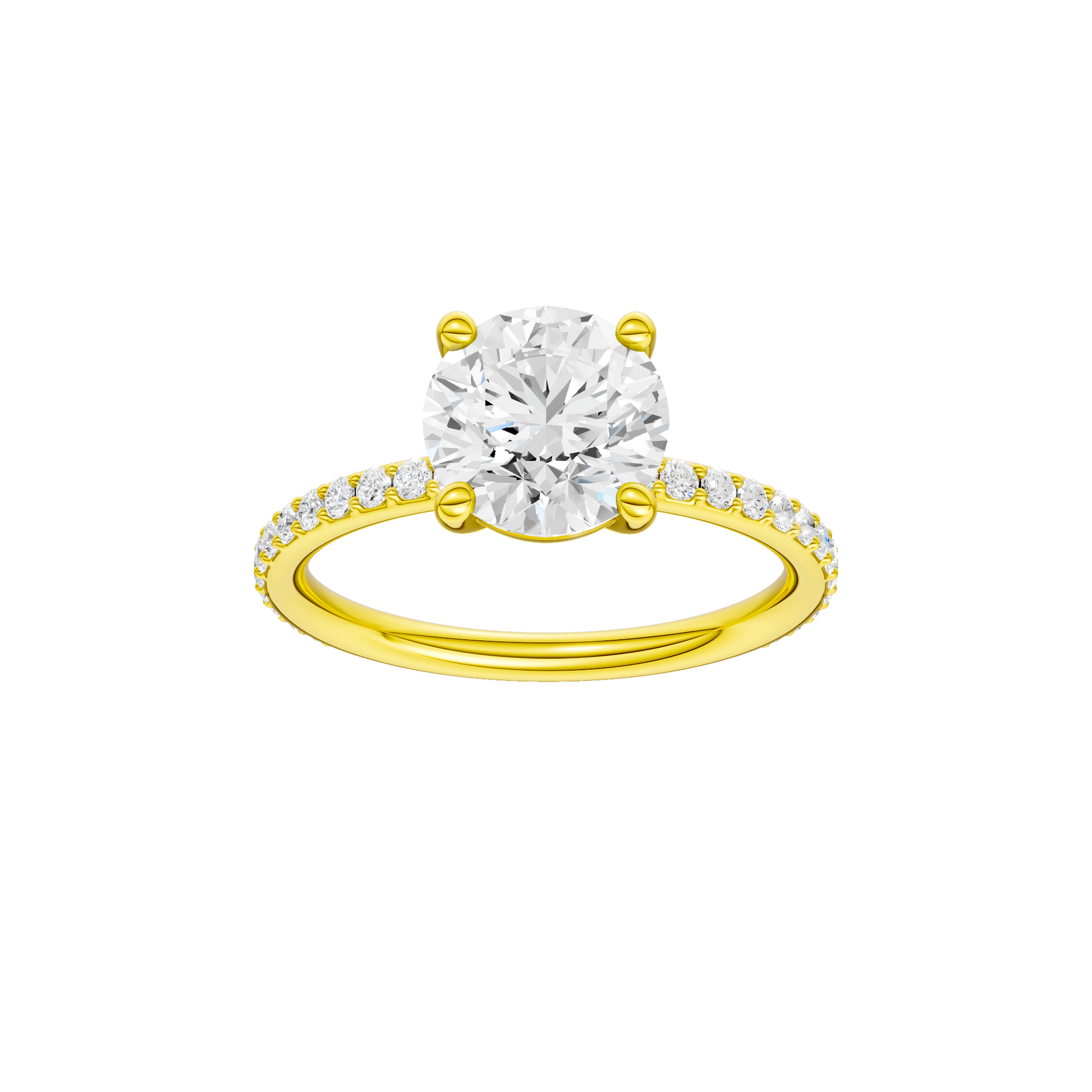 Round-cut diamond engagement ring with a prong-set diamond band and solitaire setting.