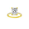 Radiant-cut diamond engagement ring with a prong-set diamond band and hidden-halo setting.