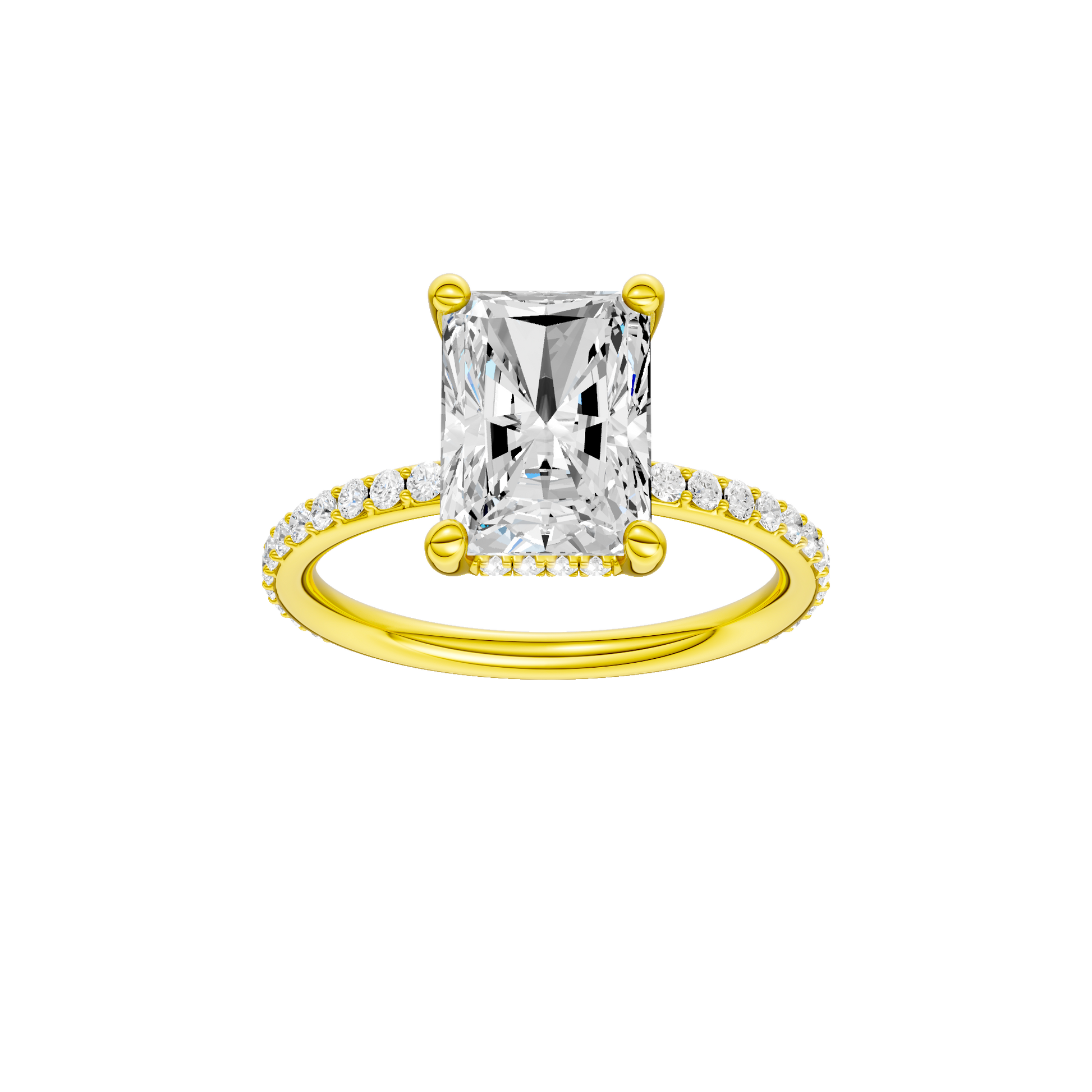 Radiant-cut diamond engagement ring with a prong-set diamond band and hidden-halo setting.