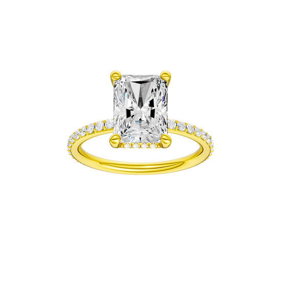 Radiant-cut diamond engagement ring with a prong-set diamond band and hidden-halo setting.