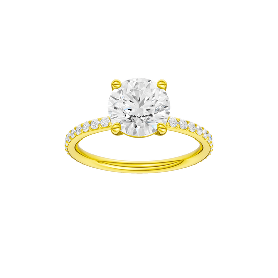 Round-cut diamond engagement ring with a prong-set diamond band and solitaire setting.