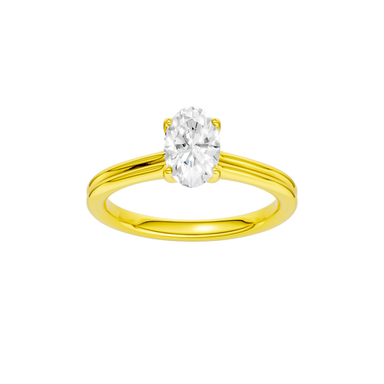 Oval-cut diamond engagement ring with a plain band and solitaire setting.