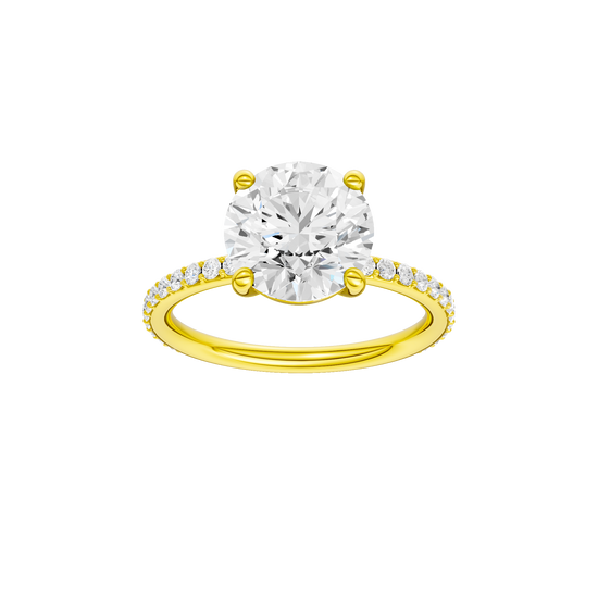 Round-cut diamond engagement ring with a prong-set diamond band and solitaire setting.