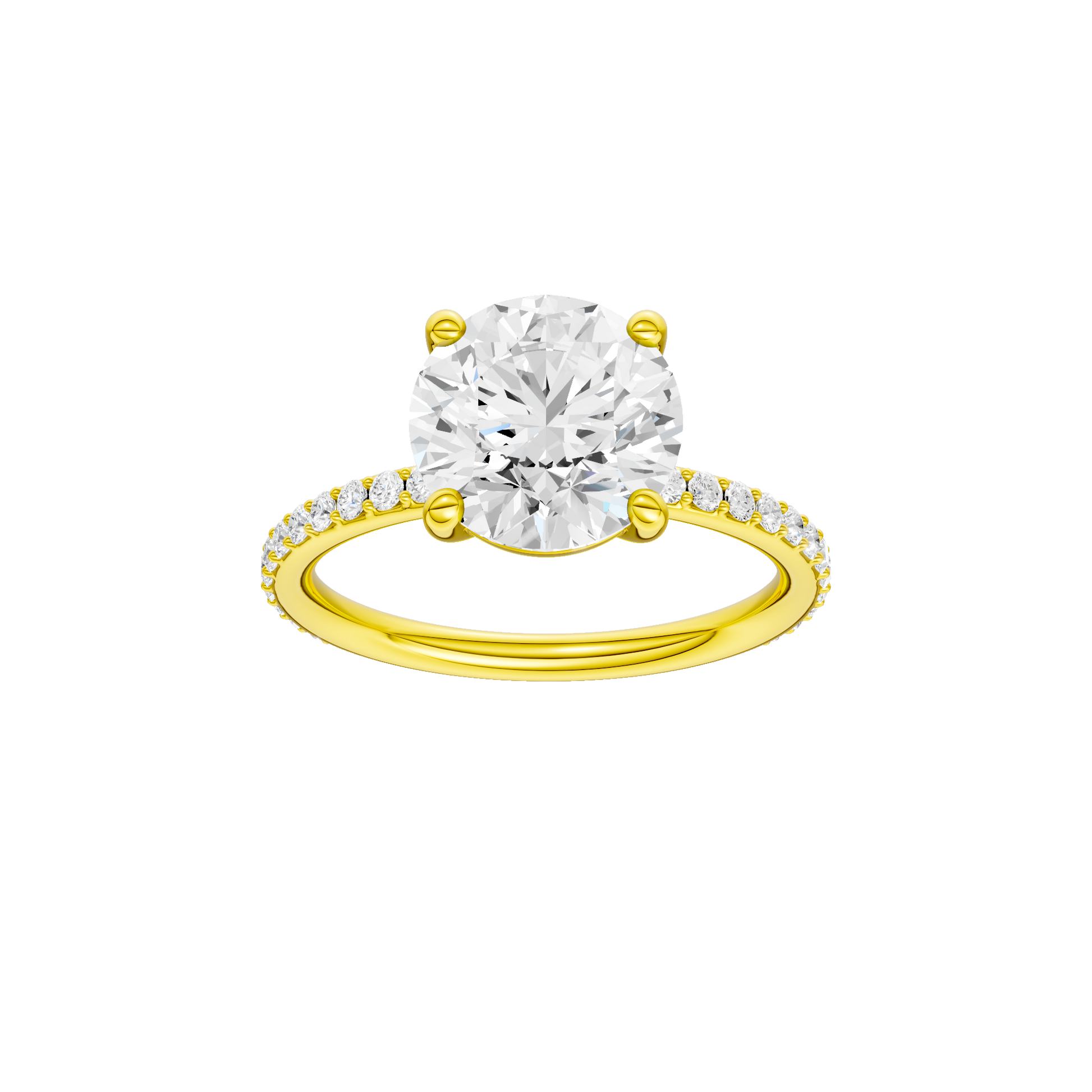 Round-cut diamond engagement ring with a prong-set diamond band and solitaire setting.