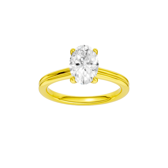 Oval-cut diamond engagement ring with a plain band and solitaire setting.