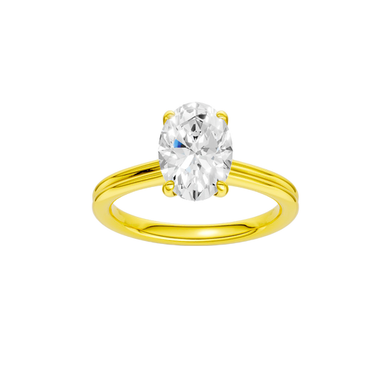 Oval-cut diamond engagement ring with a plain band and solitaire setting.