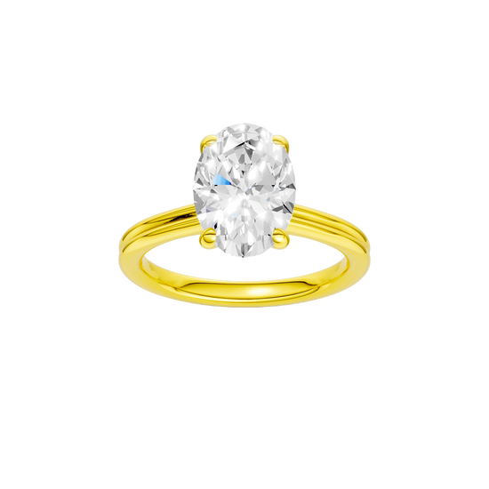 Oval-cut diamond engagement ring with a plain band and solitaire setting.