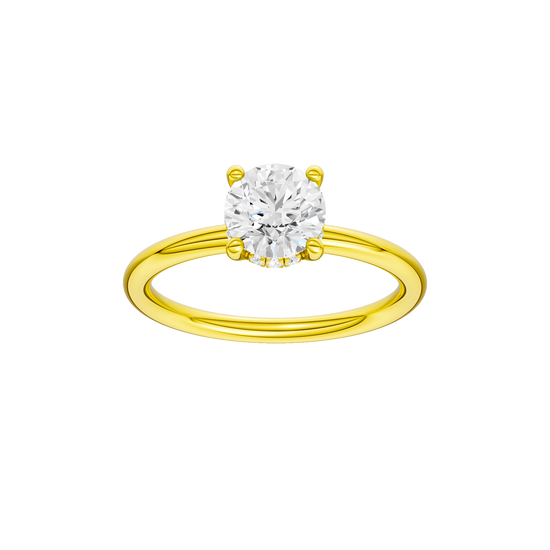 Round-cut diamond engagement ring with a plain band and hidden-halo setting.