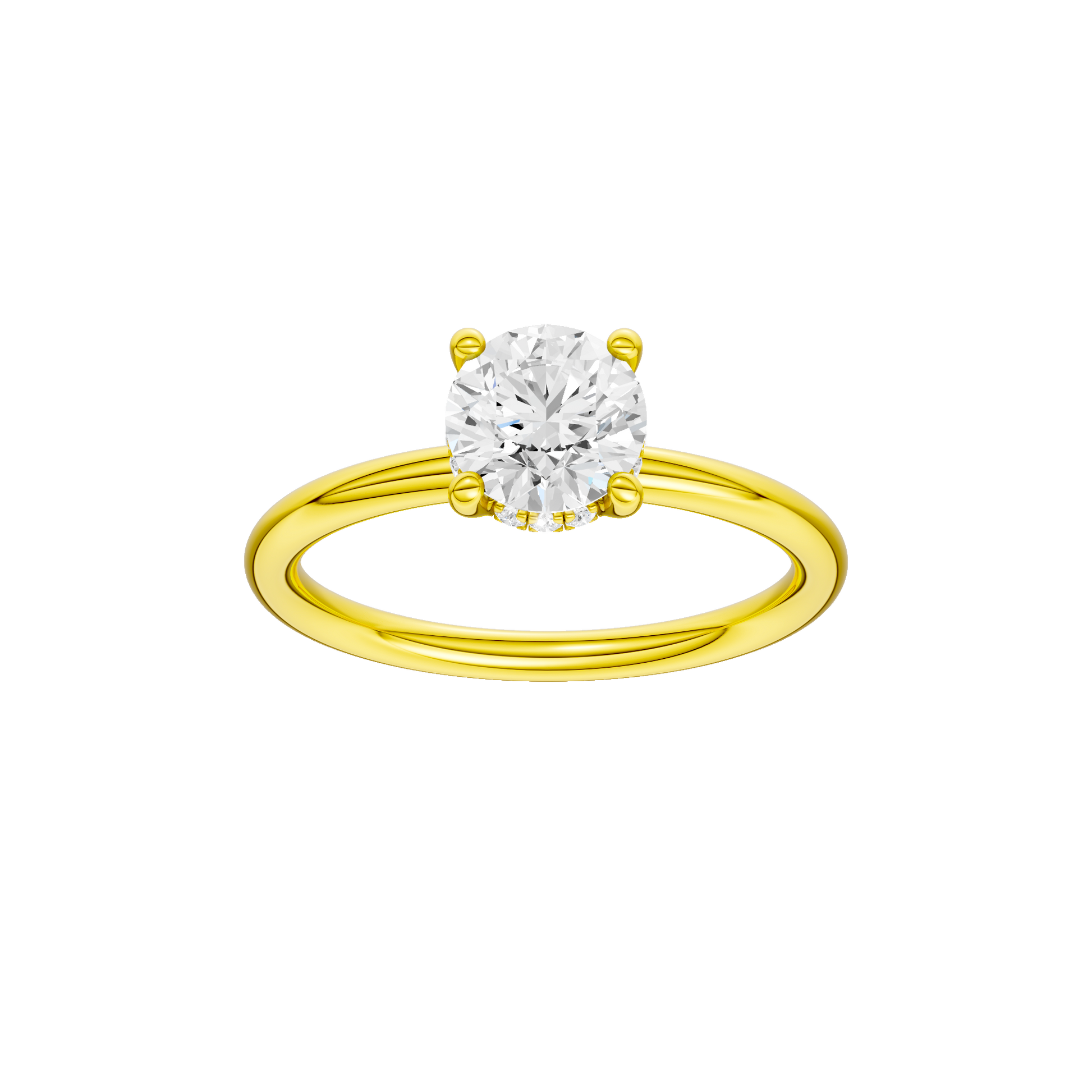 Round-cut diamond engagement ring with a plain band and hidden-halo setting.
