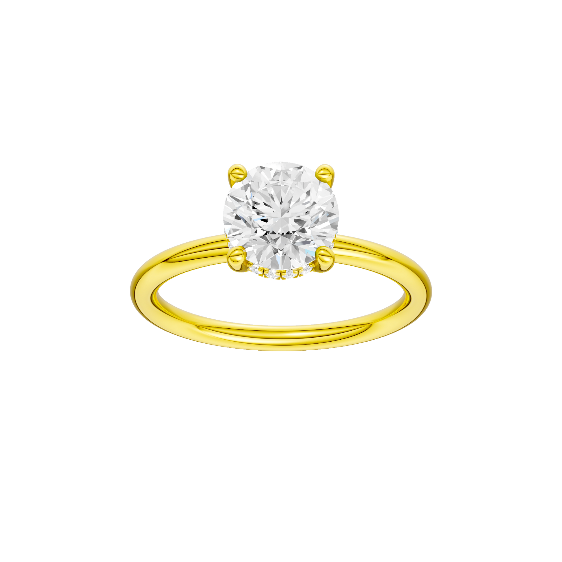 Round-cut diamond engagement ring with a plain band and hidden-halo setting.