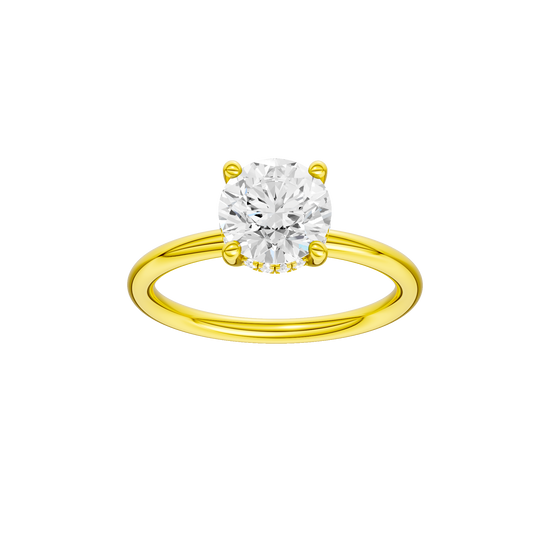 Round-cut diamond engagement ring with a plain band and hidden-halo setting.