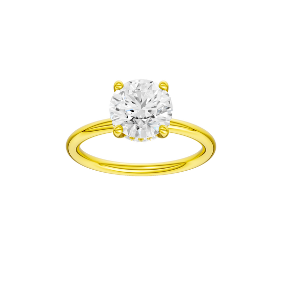 Round-cut diamond engagement ring with a plain band and hidden-halo setting.