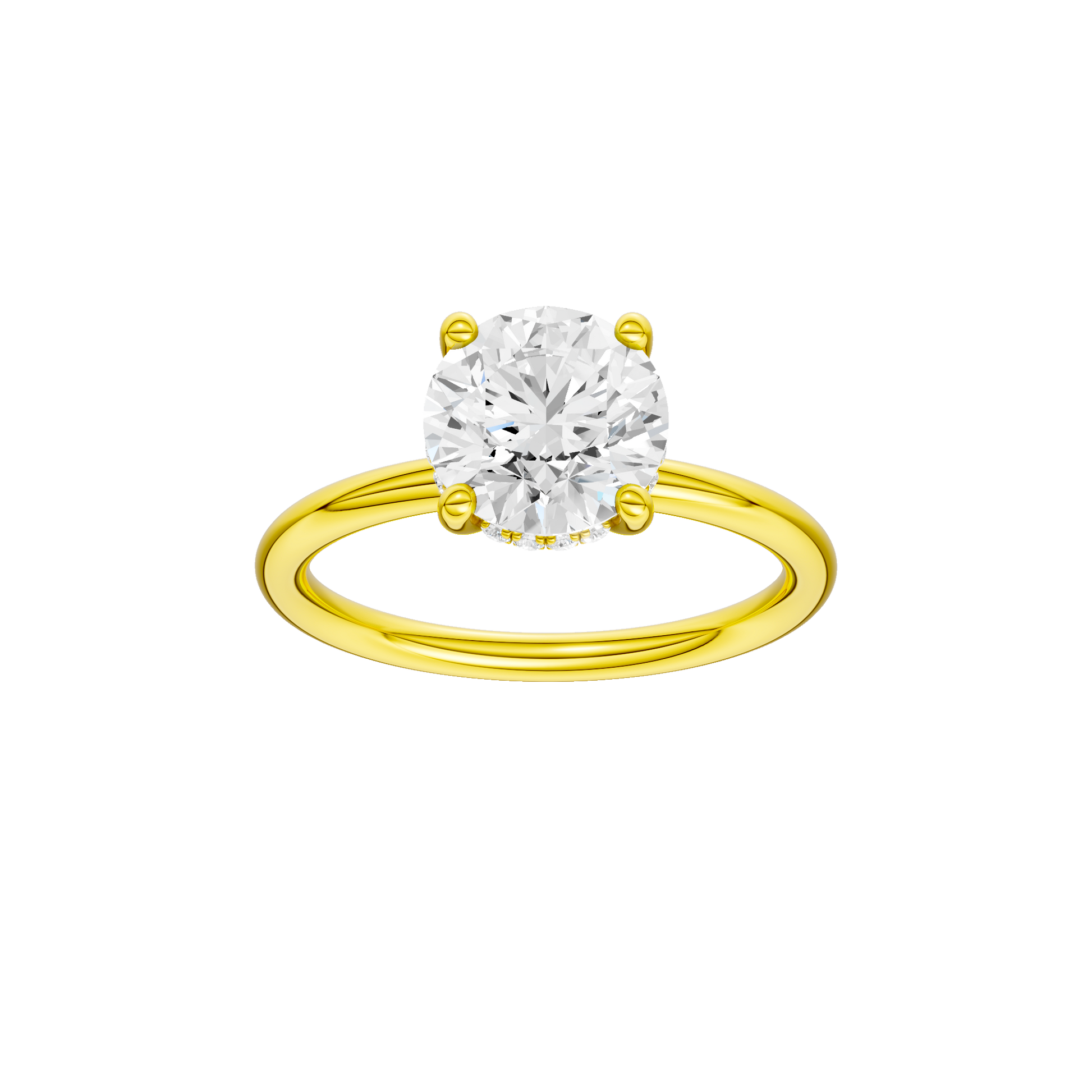 Round-cut diamond engagement ring with a plain band and hidden-halo setting.