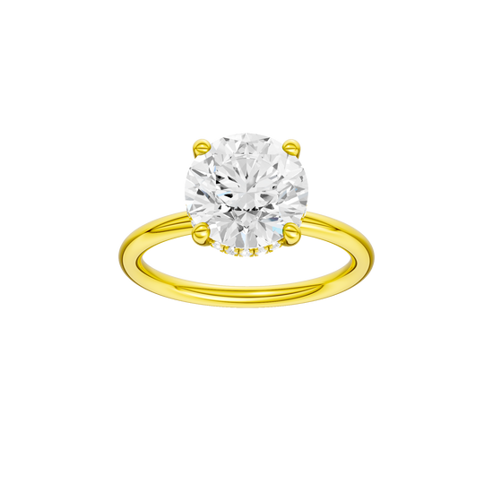 Round-cut diamond engagement ring with a plain band and hidden-halo setting.