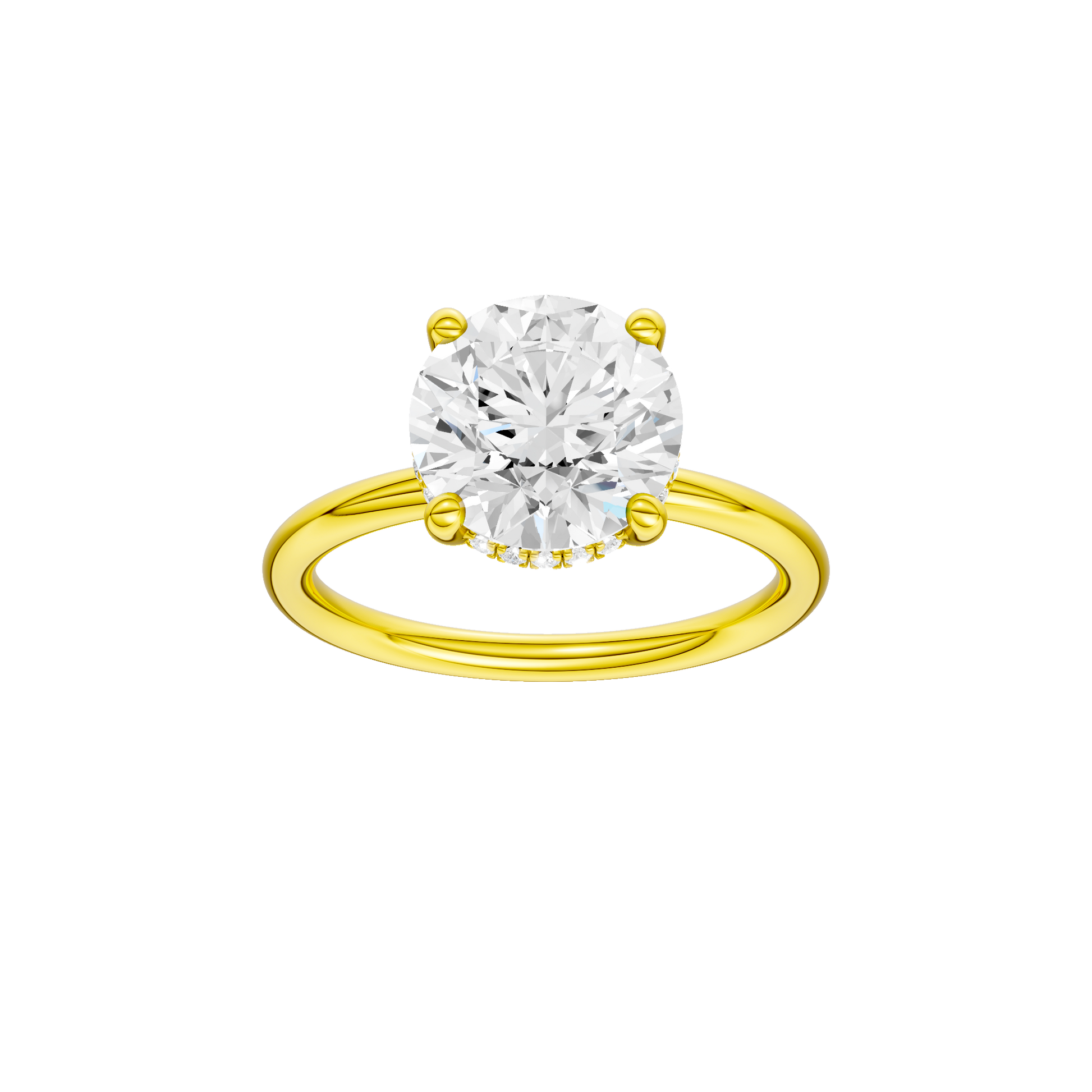 Round-cut diamond engagement ring with a plain band and hidden-halo setting.