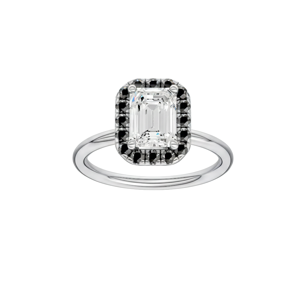 Emerald-cut diamond engagement ring with a plain band and halo setting.