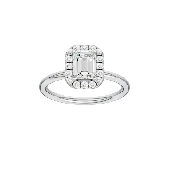 Emerald-cut diamond engagement ring with a plain band and halo setting.