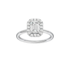 Emerald-cut diamond engagement ring with a plain band and halo setting.