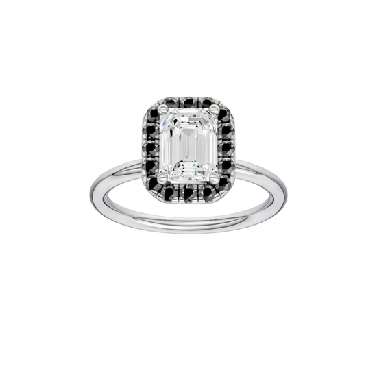 Emerald-cut diamond engagement ring with a plain band and halo setting.