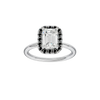 Emerald-cut diamond engagement ring with a plain band and halo setting.