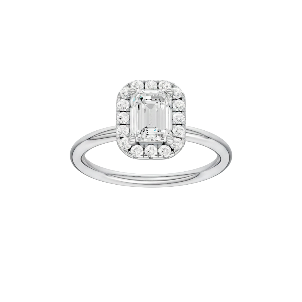 Emerald-cut diamond engagement ring with a plain band and halo setting.