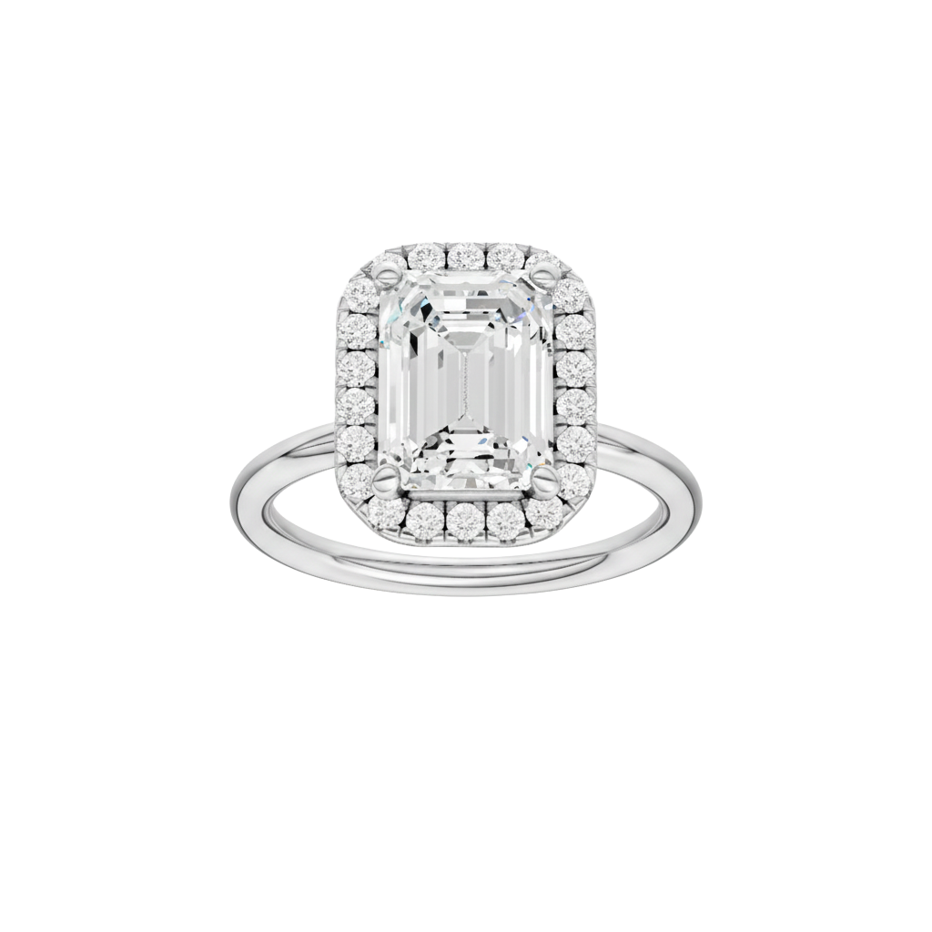 Emerald-cut diamond engagement ring with a plain band and halo setting.