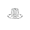 Emerald-cut diamond engagement ring with a plain band and halo setting.