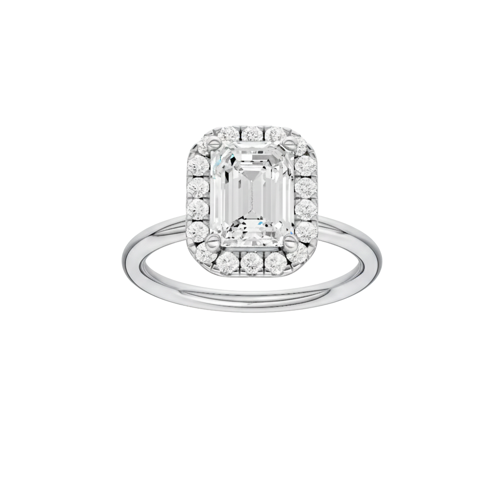 Emerald-cut diamond engagement ring with a plain band and halo setting.
