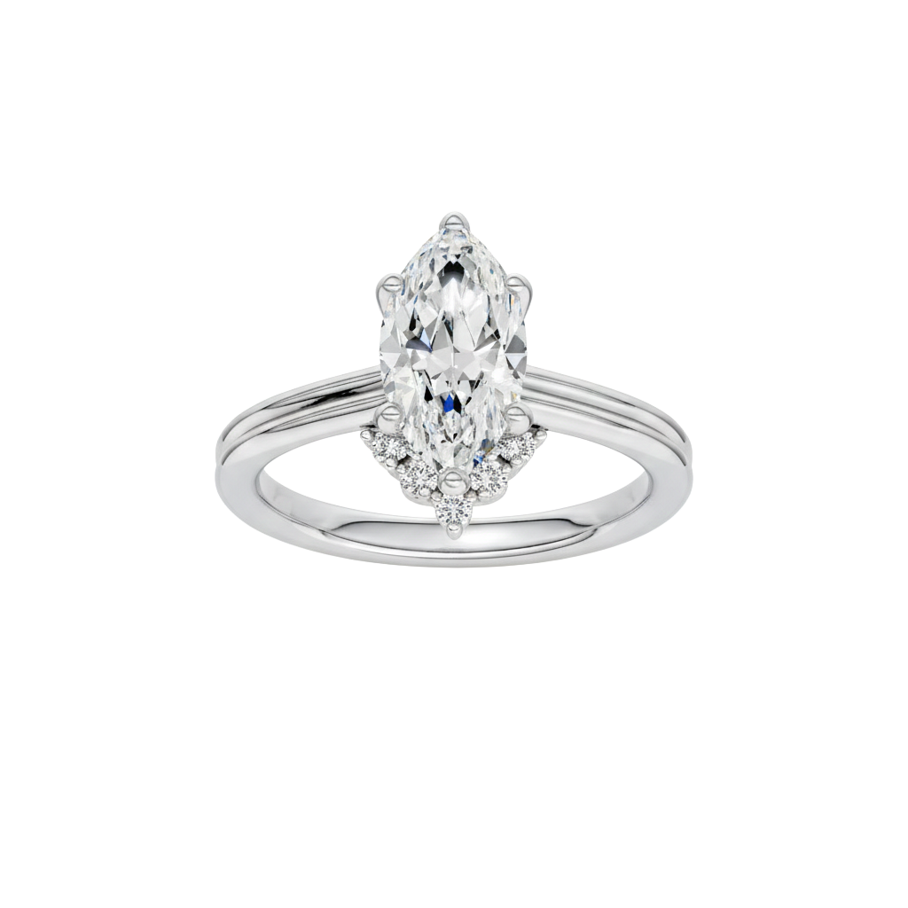 Marquise-cut diamond engagement ring with a plain band and solitaire setting.