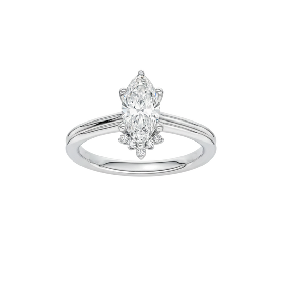 Marquise-cut diamond engagement ring with a plain band and solitaire setting.