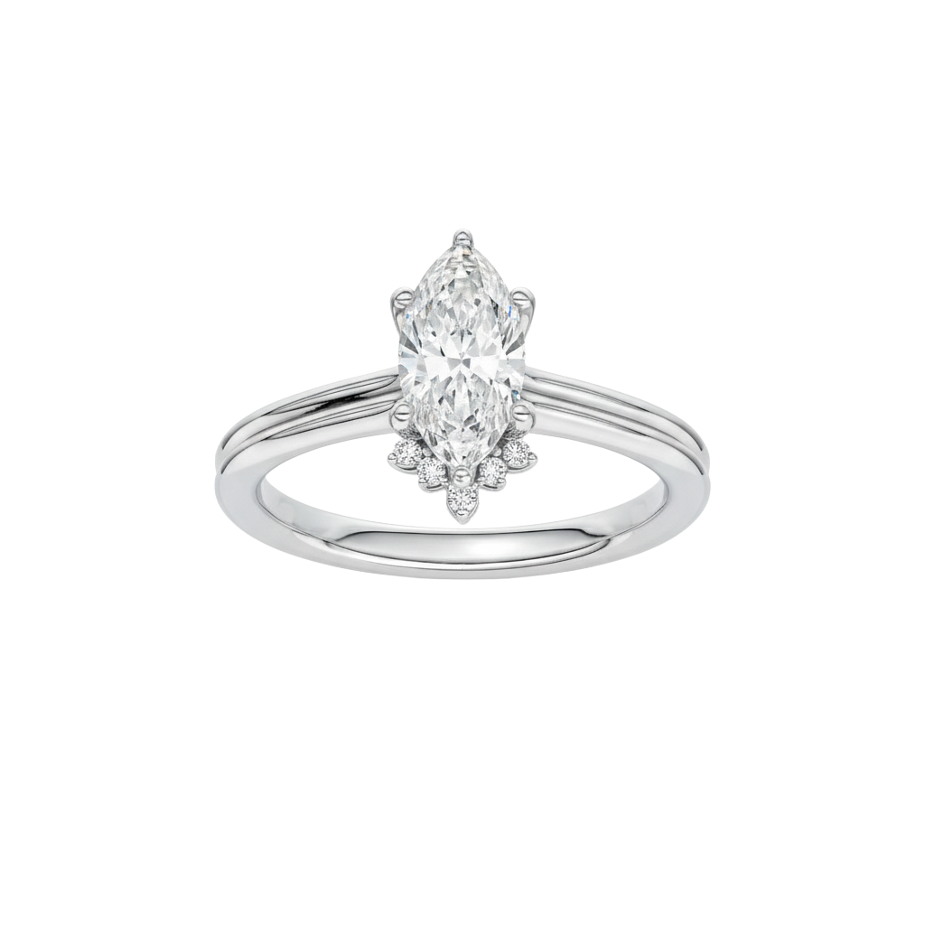 Marquise-cut diamond engagement ring with a plain band and solitaire setting.