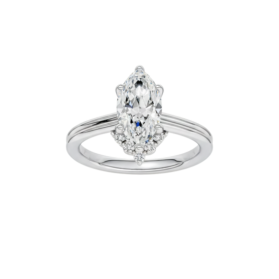 Marquise-cut diamond engagement ring with a plain band and solitaire setting.