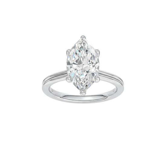 Marquise-cut diamond engagement ring with a plain band and solitaire setting.