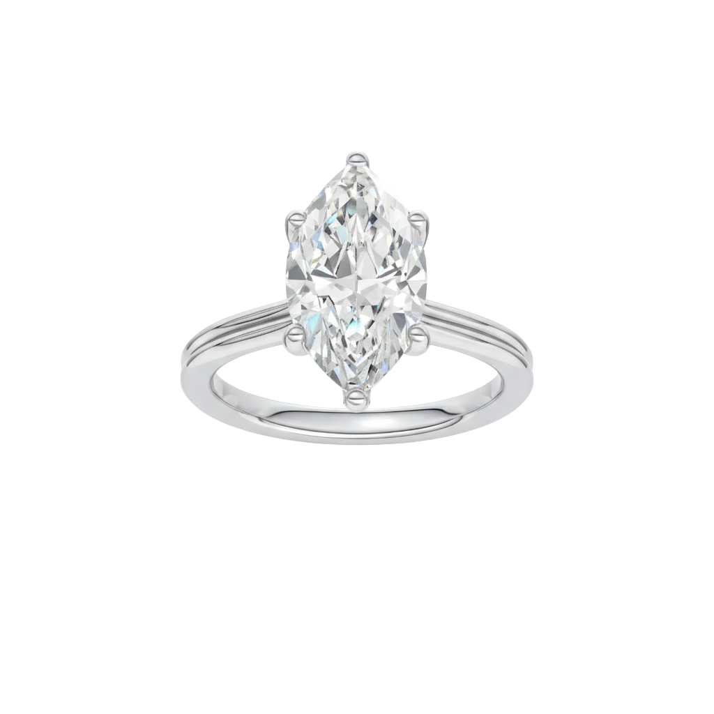 Marquise-cut diamond engagement ring with a plain band and solitaire setting.