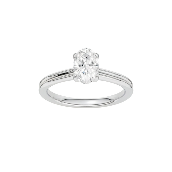 Oval-cut diamond engagement ring with a plain band and solitaire setting.