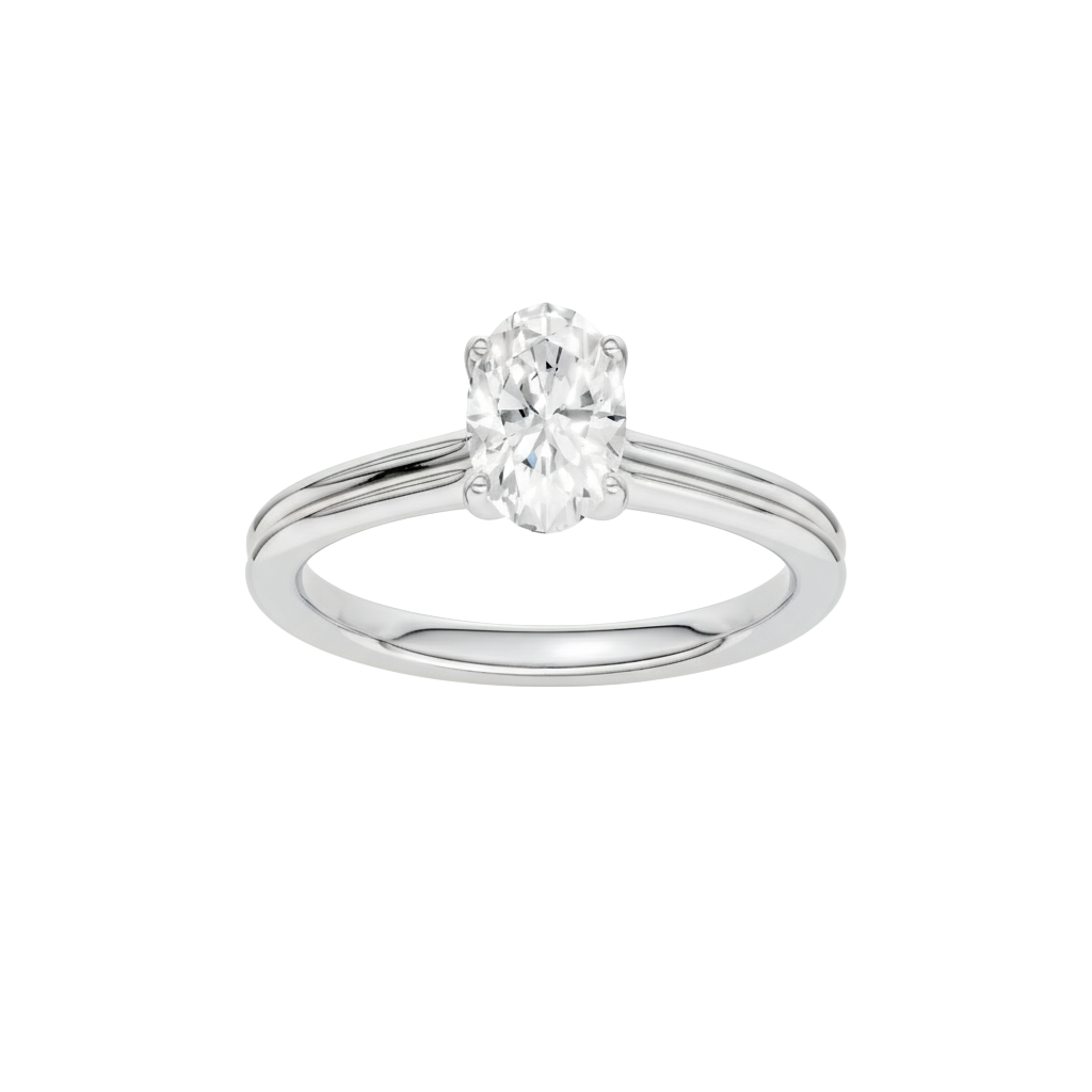 Oval-cut diamond engagement ring with a plain band and solitaire setting.