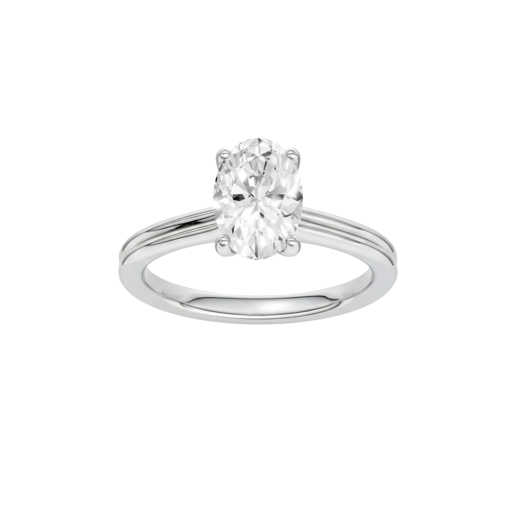 Oval-cut diamond engagement ring with a plain band and solitaire setting.