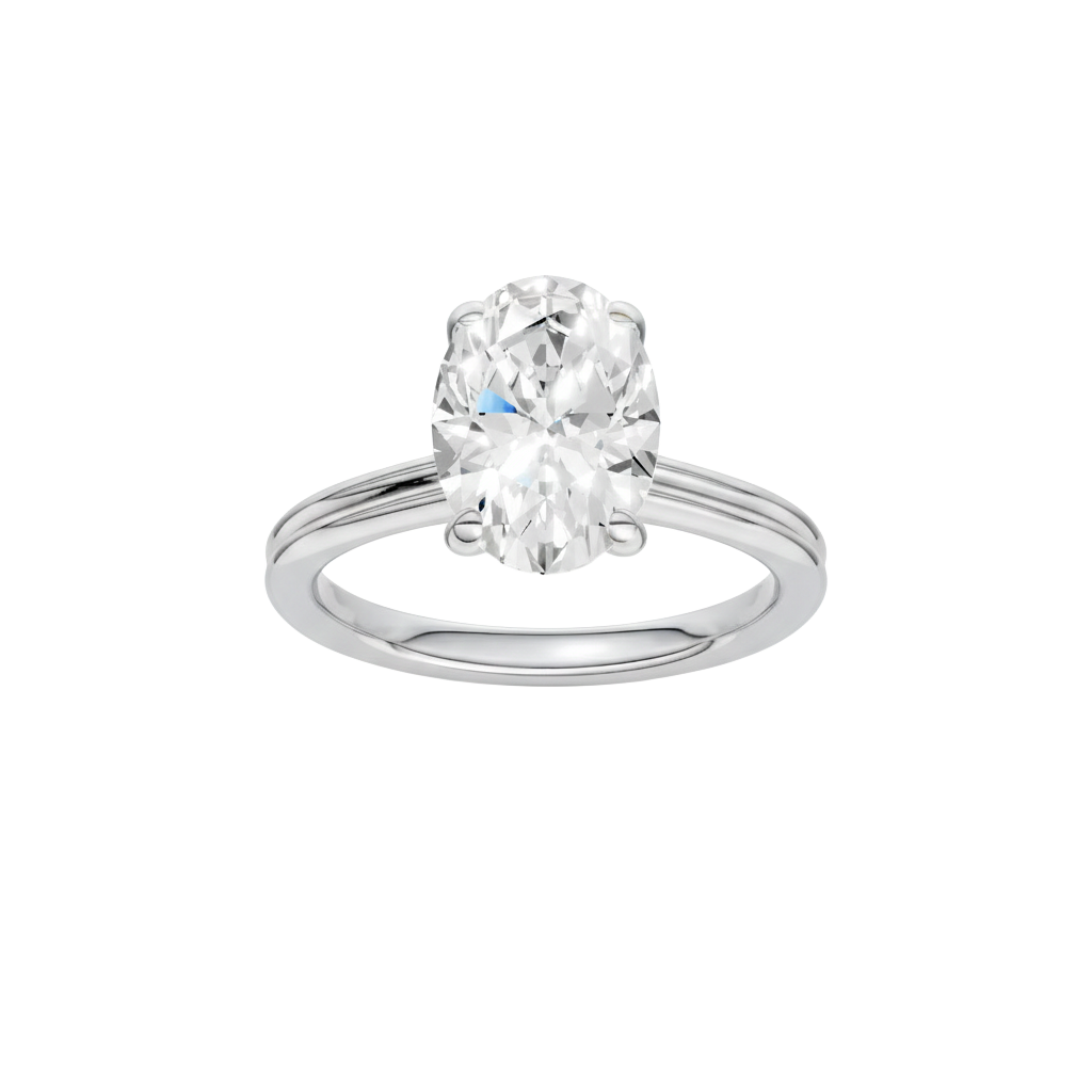 Oval-cut diamond engagement ring with a plain band and solitaire setting.