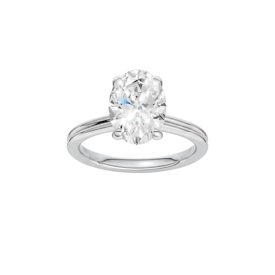 Oval-cut diamond engagement ring with a plain band and solitaire setting.