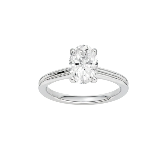 Oval-cut diamond engagement ring with a plain band and solitaire setting.