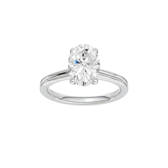 Oval-cut diamond engagement ring with a plain band and solitaire setting.