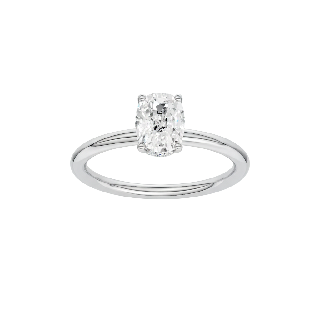 Elongated cushion-cut diamond engagement ring in 14k white gold with a plain band and hidden-halo setting