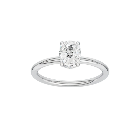 Elongated cushion-cut diamond engagement ring in 14k white gold with a plain band and hidden-halo setting