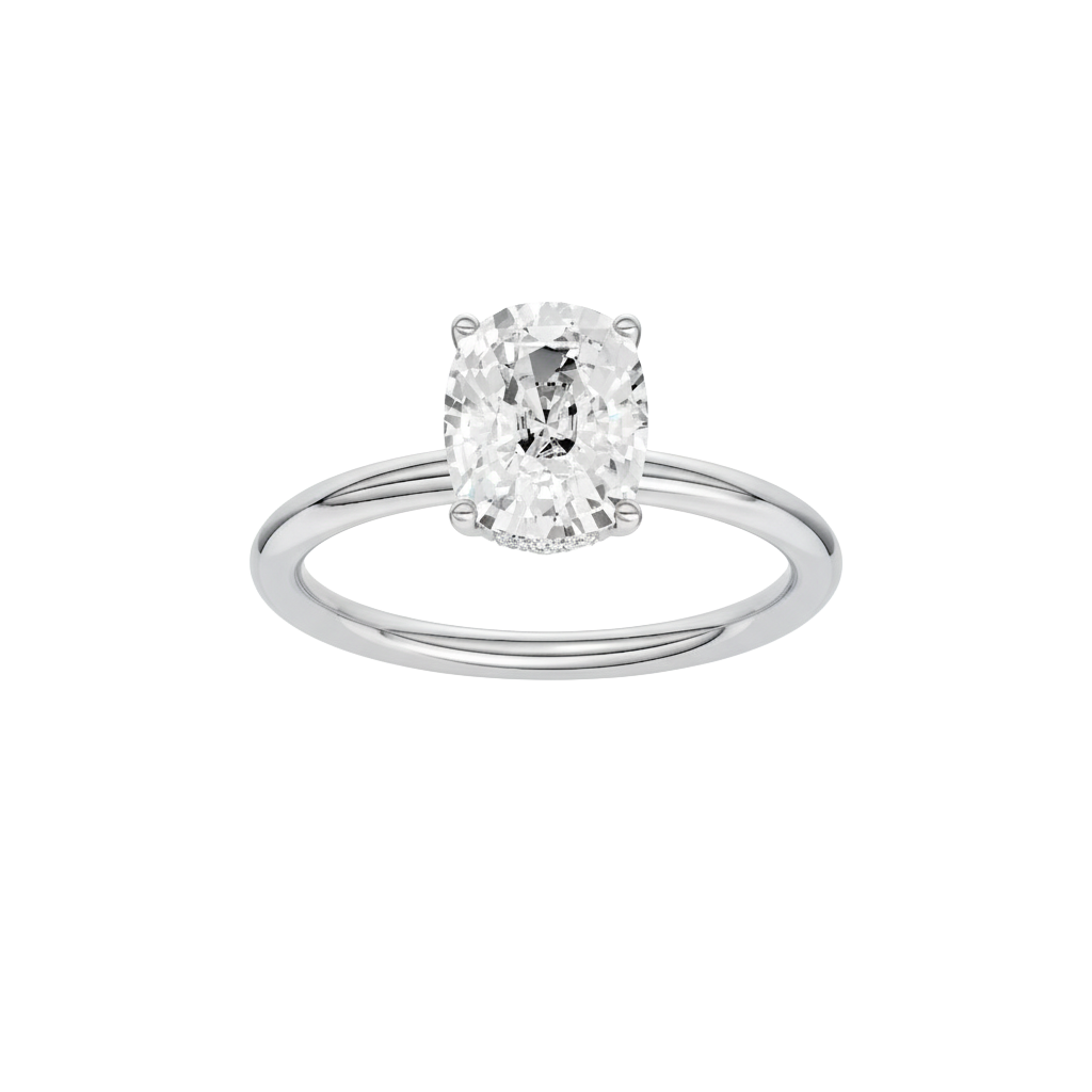 Elongated cushion-cut diamond engagement ring in 14k white gold with a plain band and hidden-halo setting