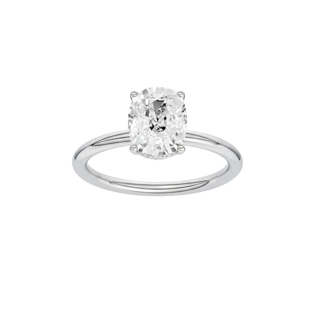 Elongated cushion-cut diamond engagement ring in 14k white gold with a plain band and hidden-halo setting