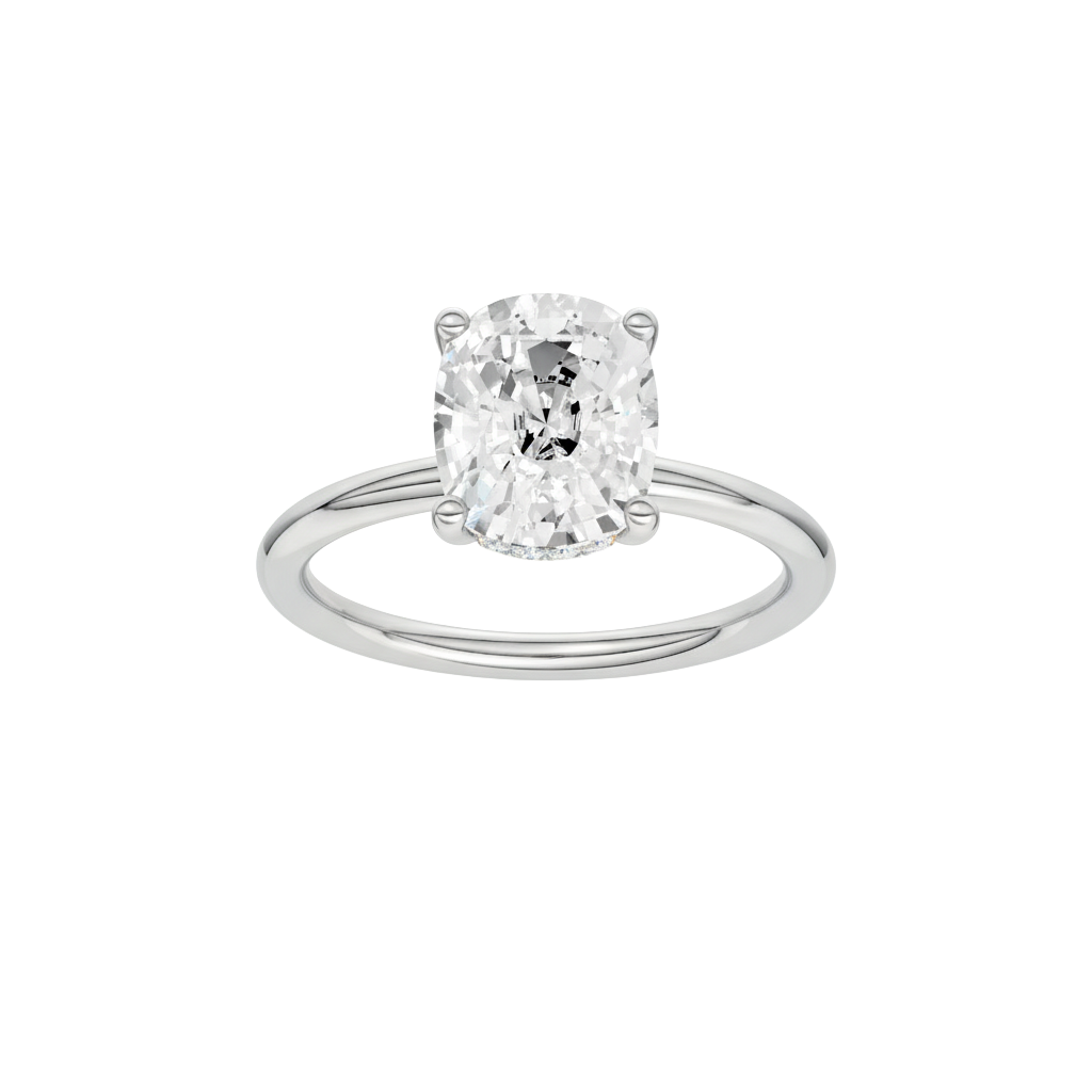 Elongated cushion-cut diamond engagement ring in 14k white gold with a plain band and hidden-halo setting