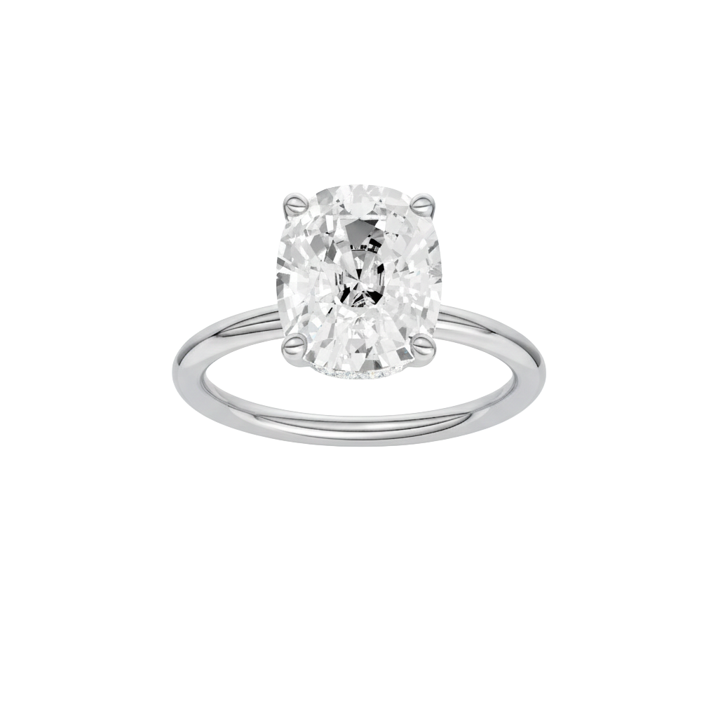 Elongated cushion-cut diamond engagement ring in 14k white gold with a plain band and hidden-halo setting